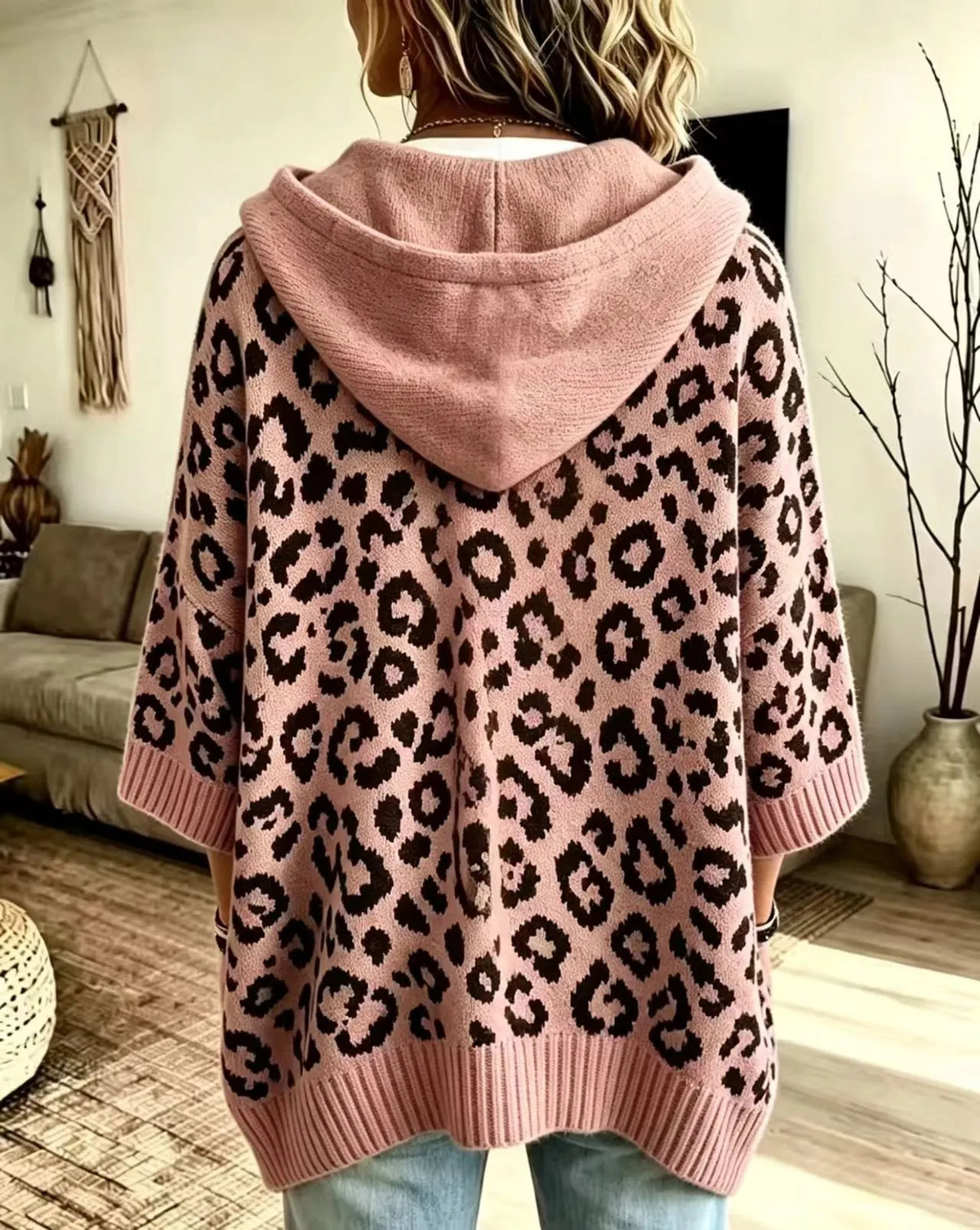 Women's Loose-Fit Leopard Print Knitted Hoodie With Drawstring