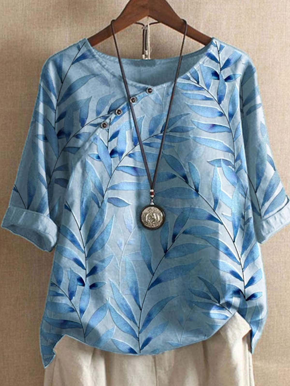 Cotton and Linen Botanical Print Crew Neck Loose Shirt