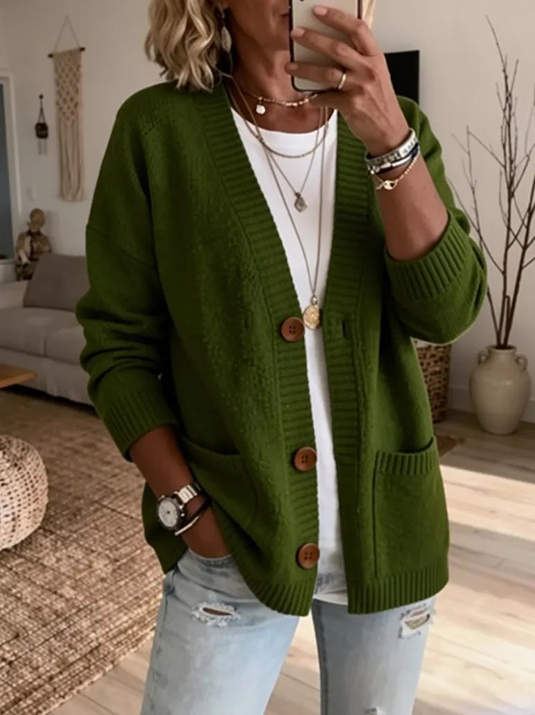 Women'S V-Neck Long-Sleeve Cardigan Sweater With Pockets