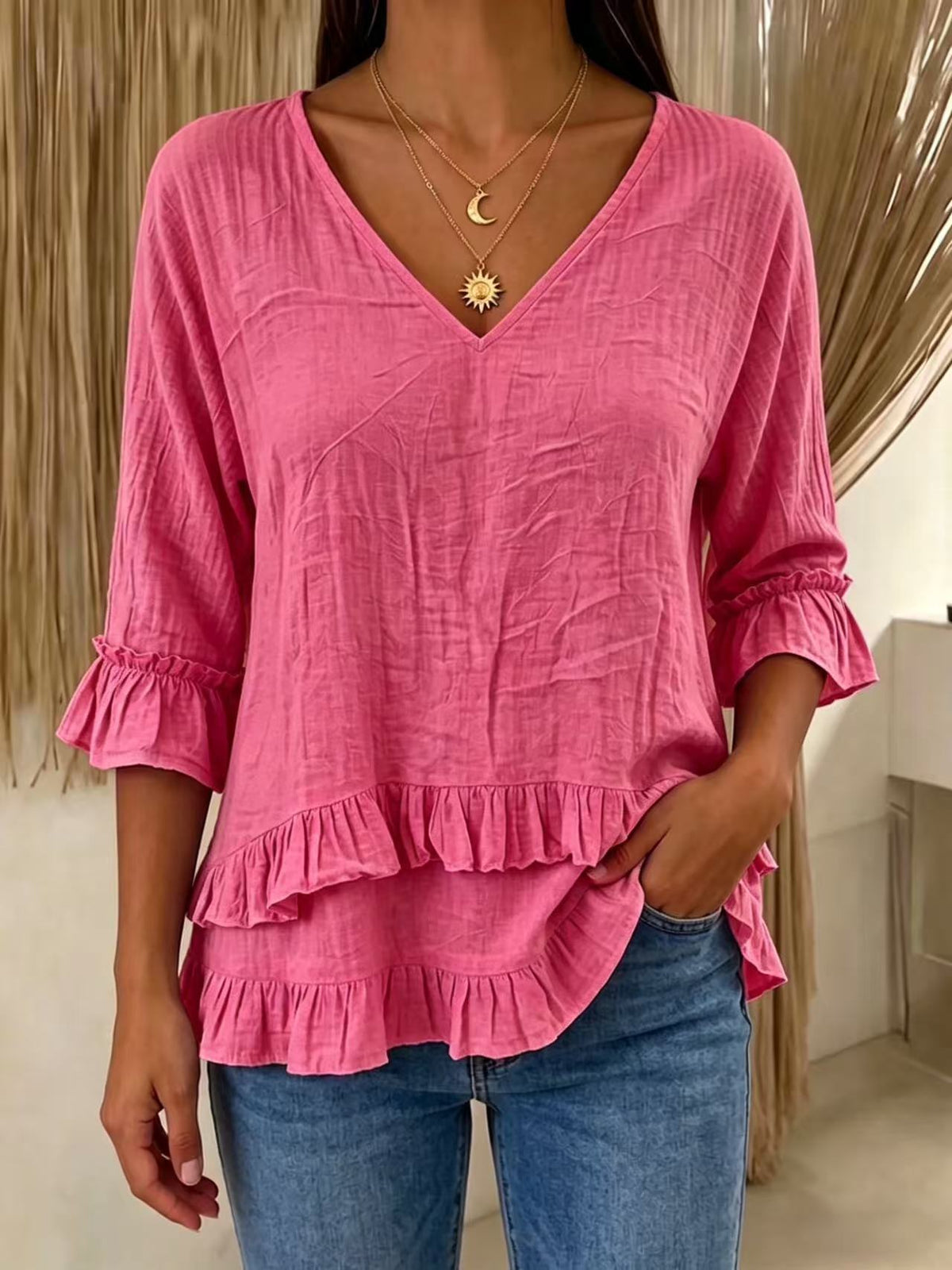 Women's V-Neck Cotton-Linen Top with Ruffled Hem
