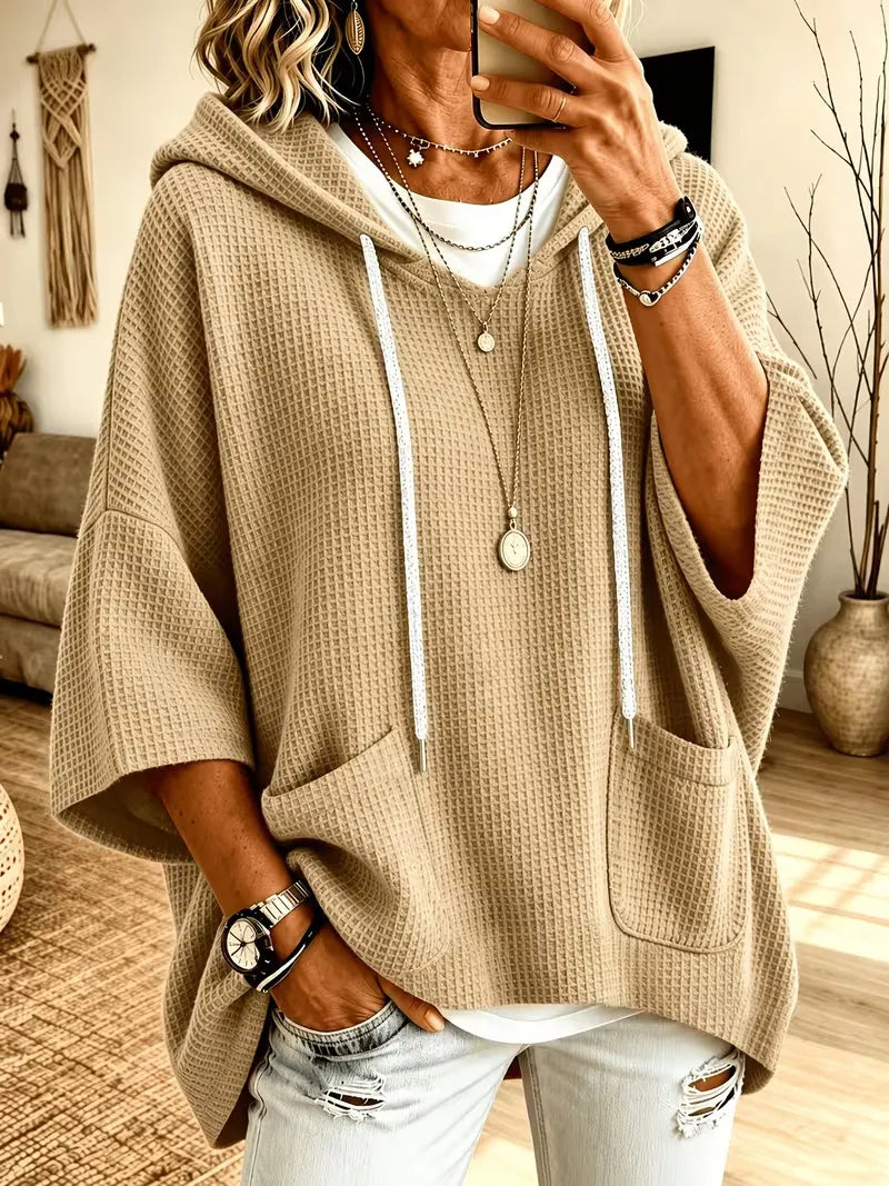 Women's Loose-Fit Waffle-Knit Pocket Hoodie With Drawstring