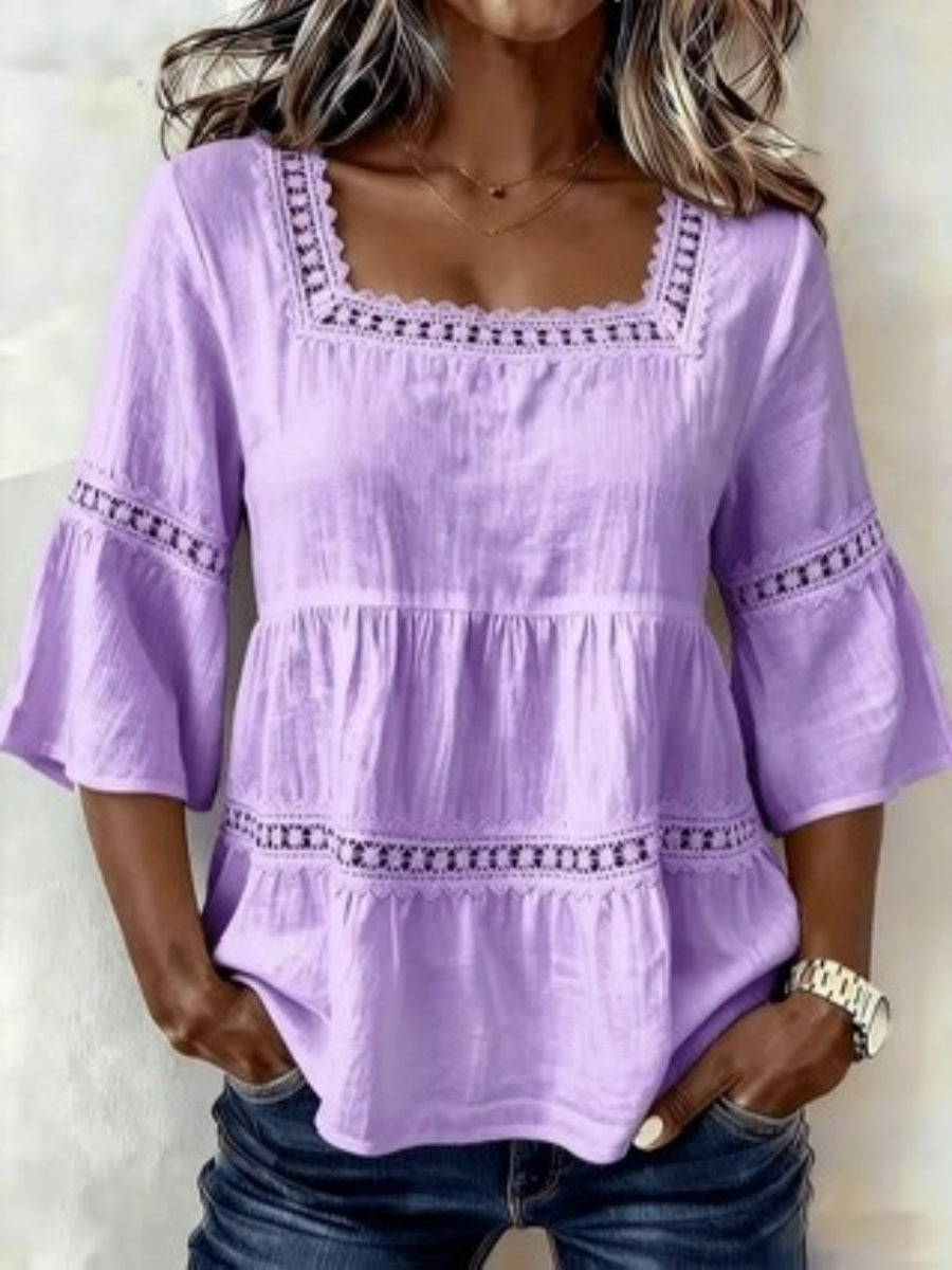 Women'S White Boho Blouse Crochet Lace Trim Bell Sleeve Tiered Flowy Top