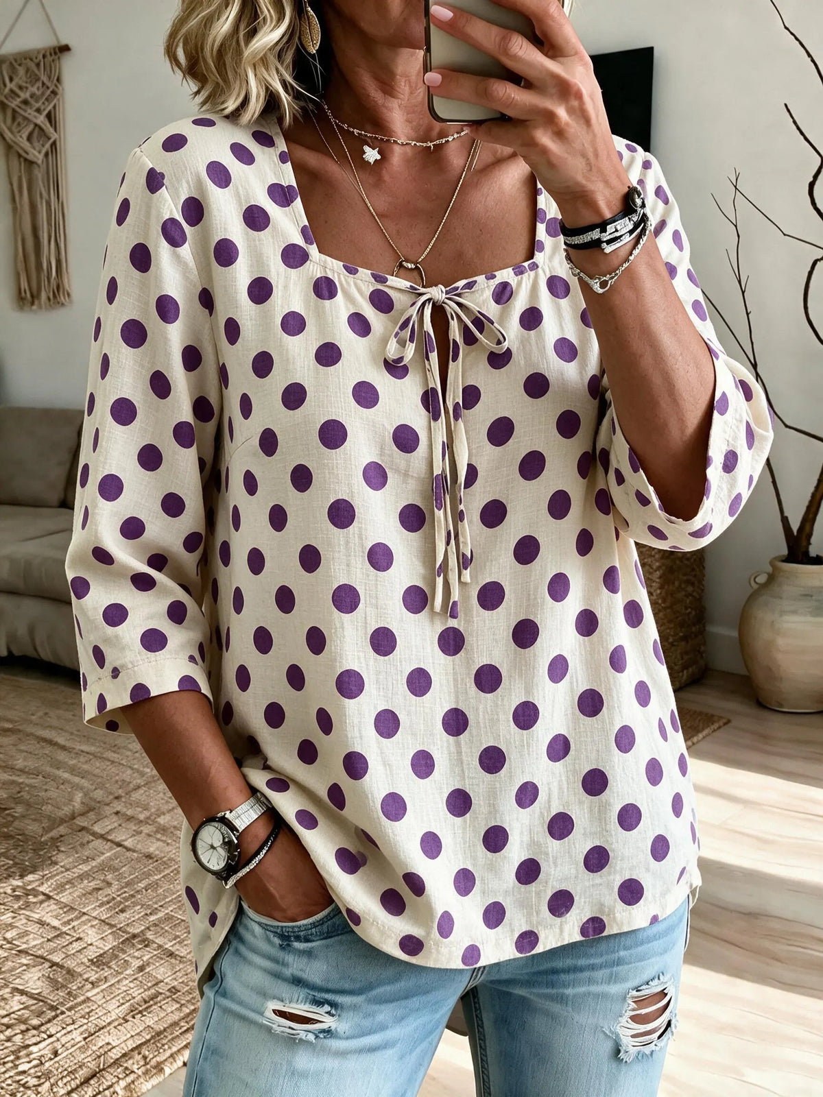 Women'S Loose-Fit 3/4 Sleeve Top With Square Neck And Vintage Polka-Dot Print