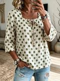 Women'S Loose-Fit 3/4 Sleeve Top With Square Neck And Vintage Polka-Dot Print