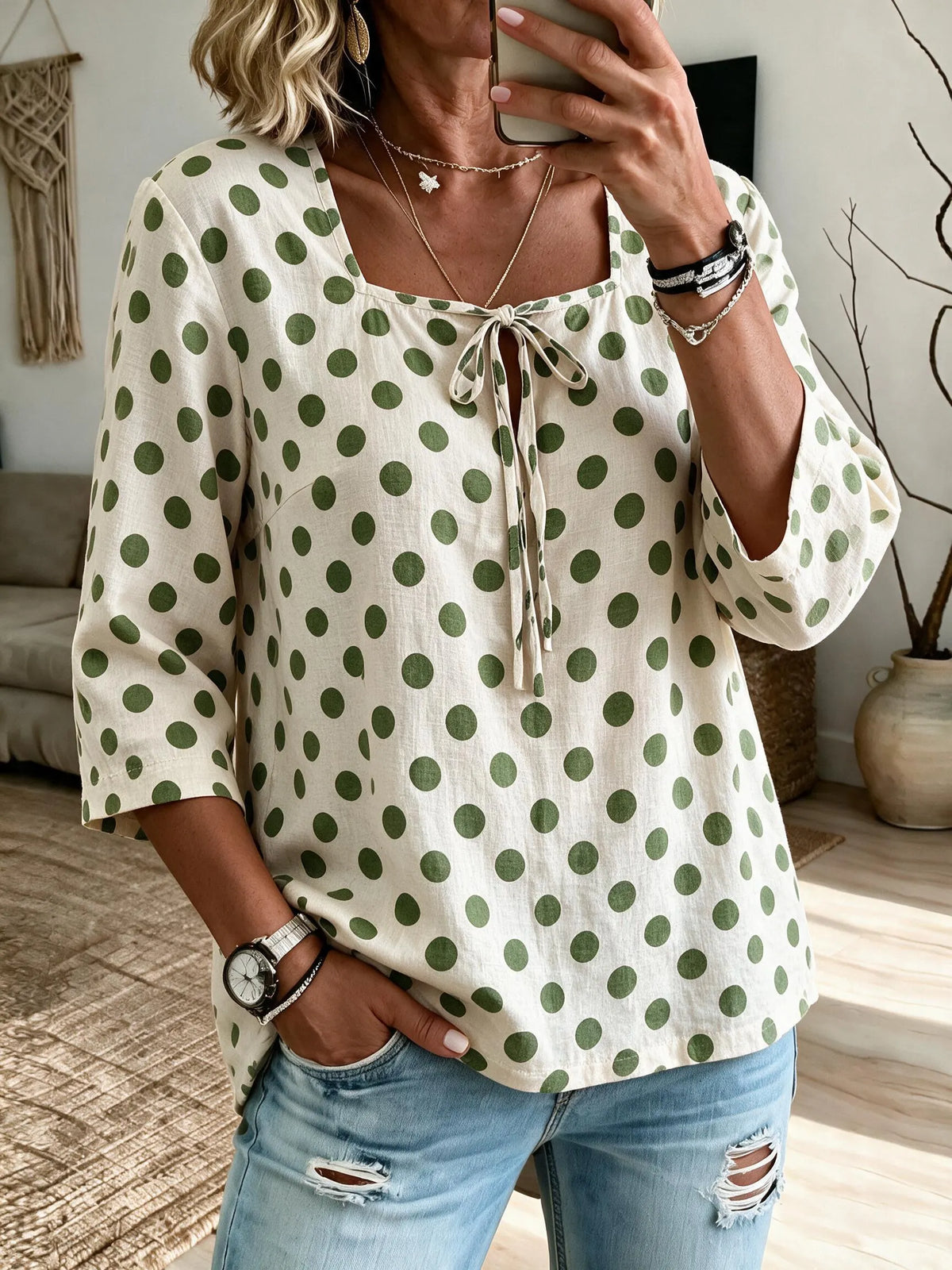 Women'S Loose-Fit 3/4 Sleeve Top With Square Neck And Vintage Polka-Dot Print