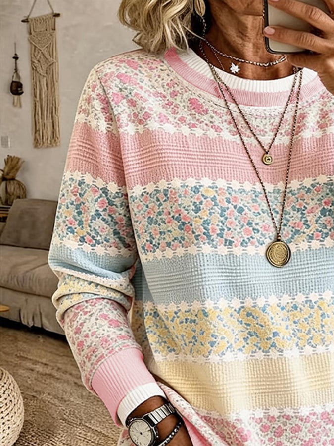 Women's Crew-Neck Printed Faux-Layered Pullover Sweatshirt