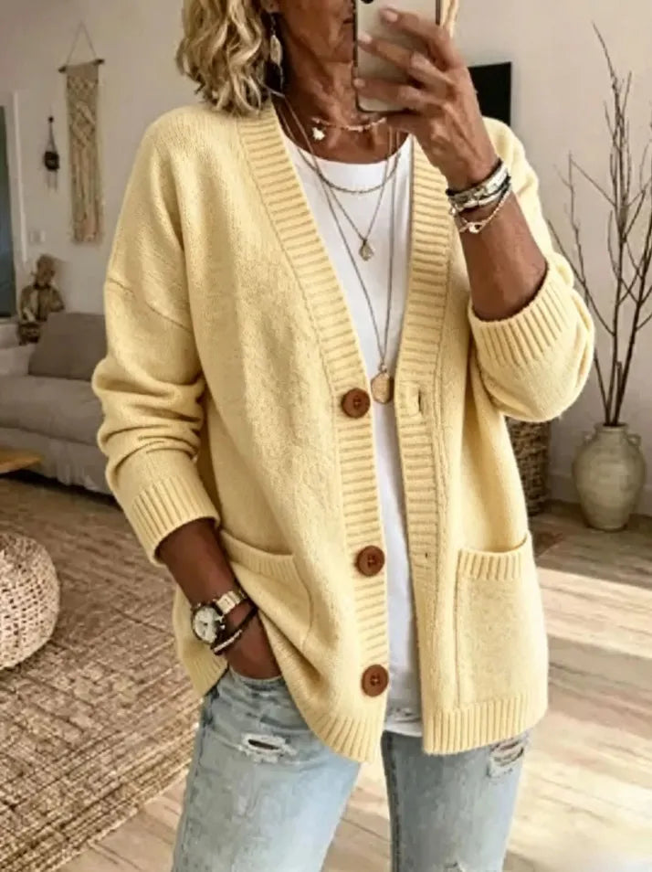 Women'S V-Neck Long-Sleeve Cardigan Sweater With Pockets