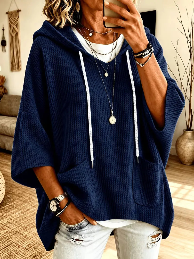 Women's Loose-Fit Waffle-Knit Pocket Hoodie With Drawstring
