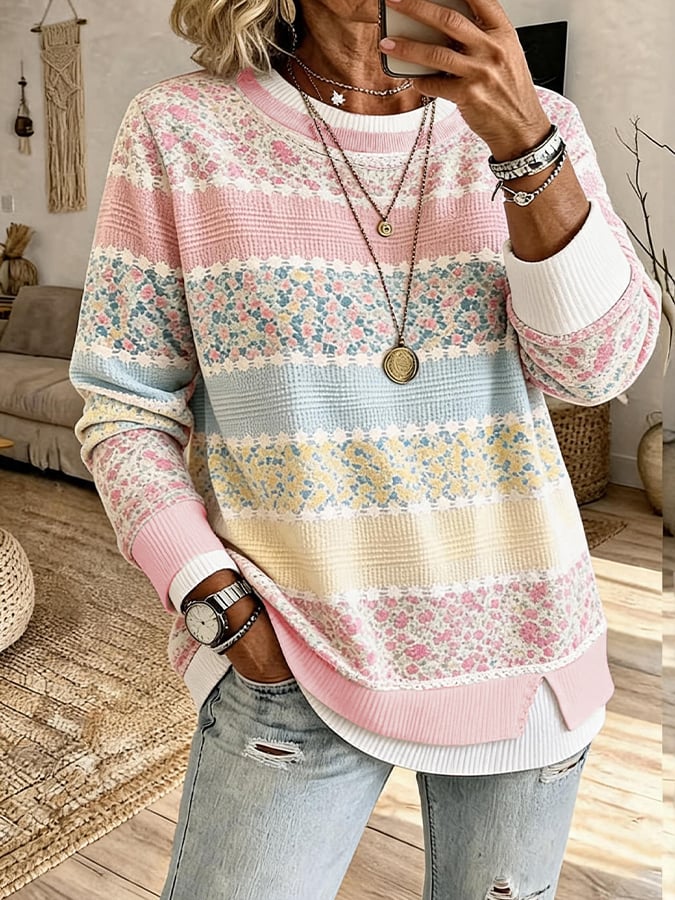 Women's Crew-Neck Printed Faux-Layered Pullover Sweatshirt