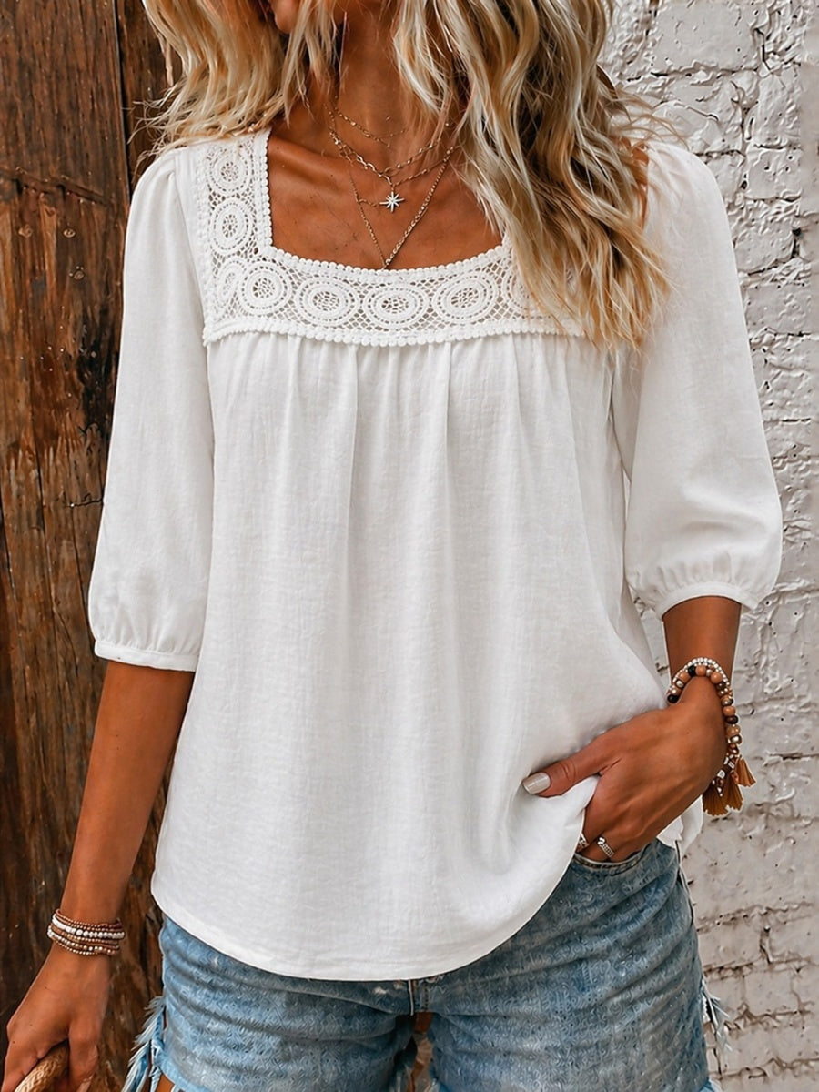 Lace Patchwork Blouse With A Square Neckline