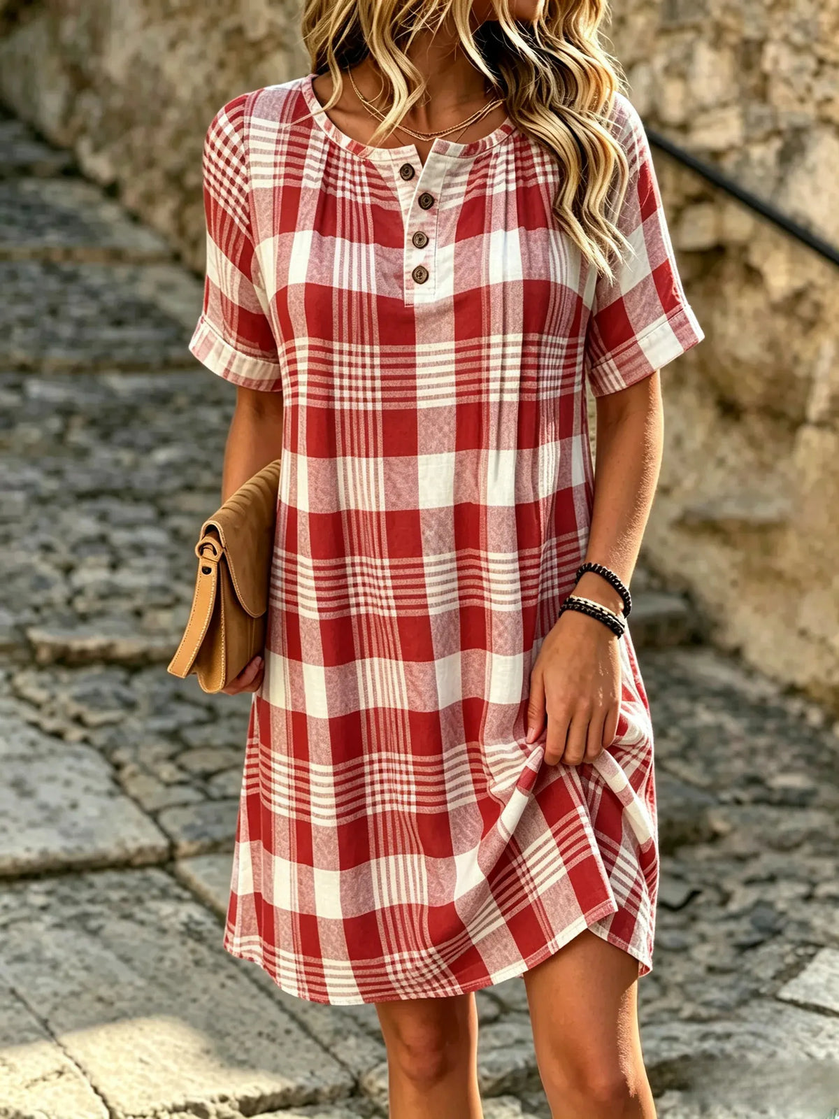 Women Plaid Short Sleeve Henley Collar Pocket Stitching Dress Daily Vintage Midi Shift Dress H-Line Summer Dress