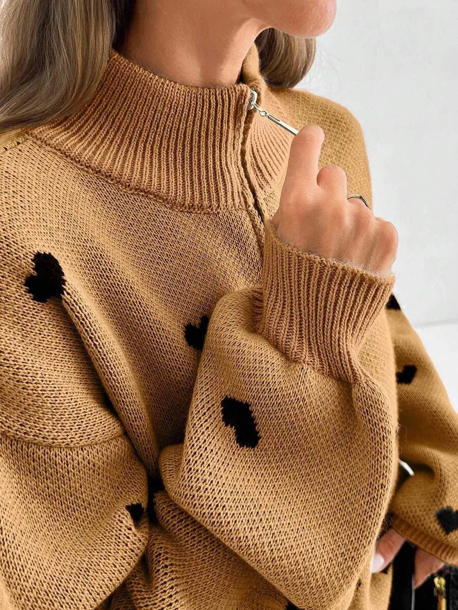 Women'S Cozy Half-zip Knit Pullover With Heart Pattern