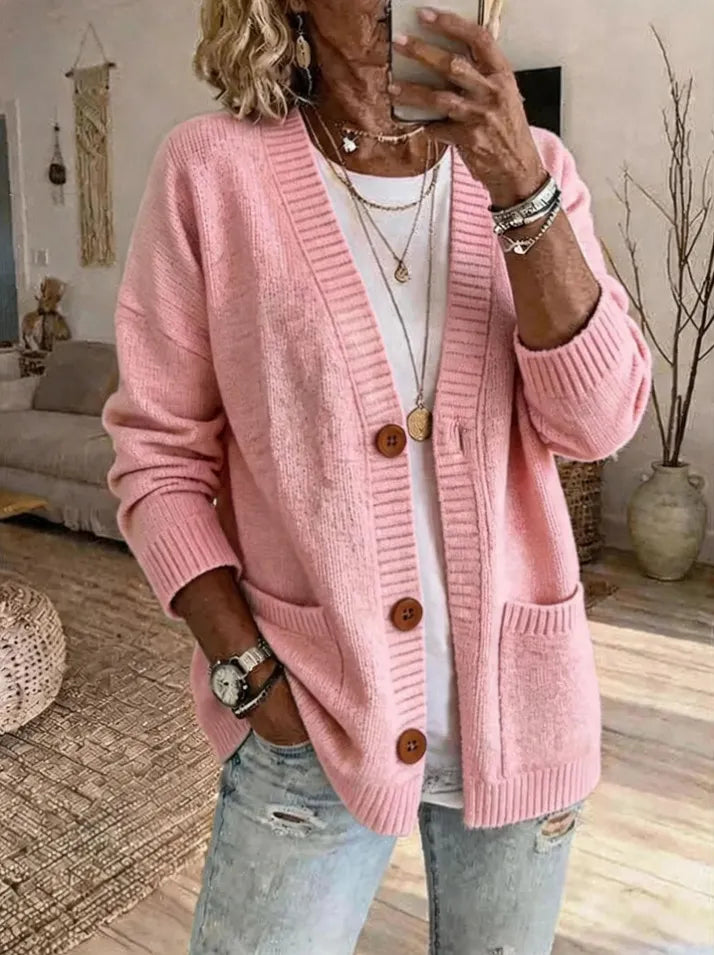 Women'S V-Neck Long-Sleeve Cardigan Sweater With Pockets