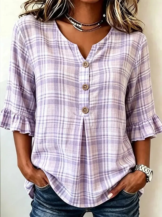 Women Plaid V Neck Half Sleeve Blouse Casual Daily Summer Top