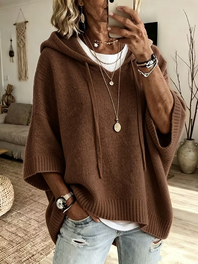 Women's Oversized Batwing Knit Hoodie Sweater – Cozy Casual Pullover Top