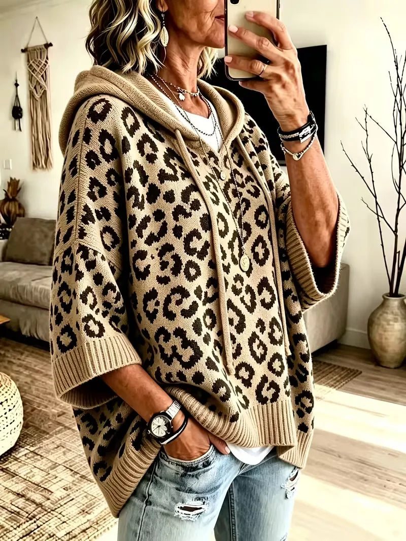 Women's Loose-Fit Leopard Print Knitted Hoodie With Drawstring