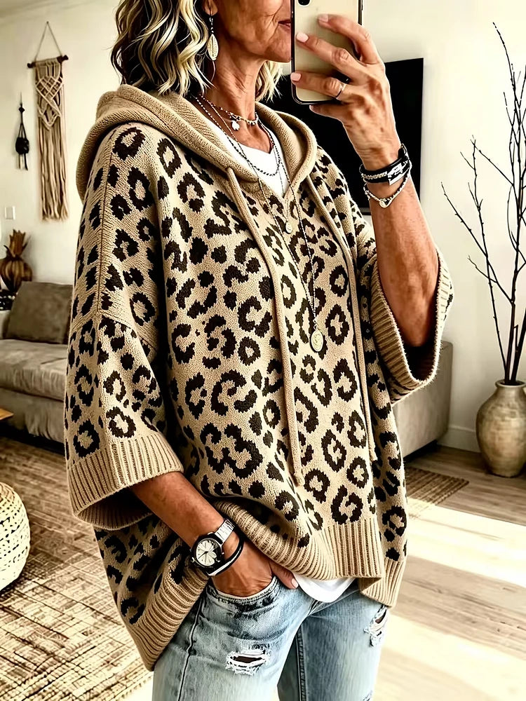 Women's Loose-Fit Leopard Print Knitted Hoodie With Drawstring