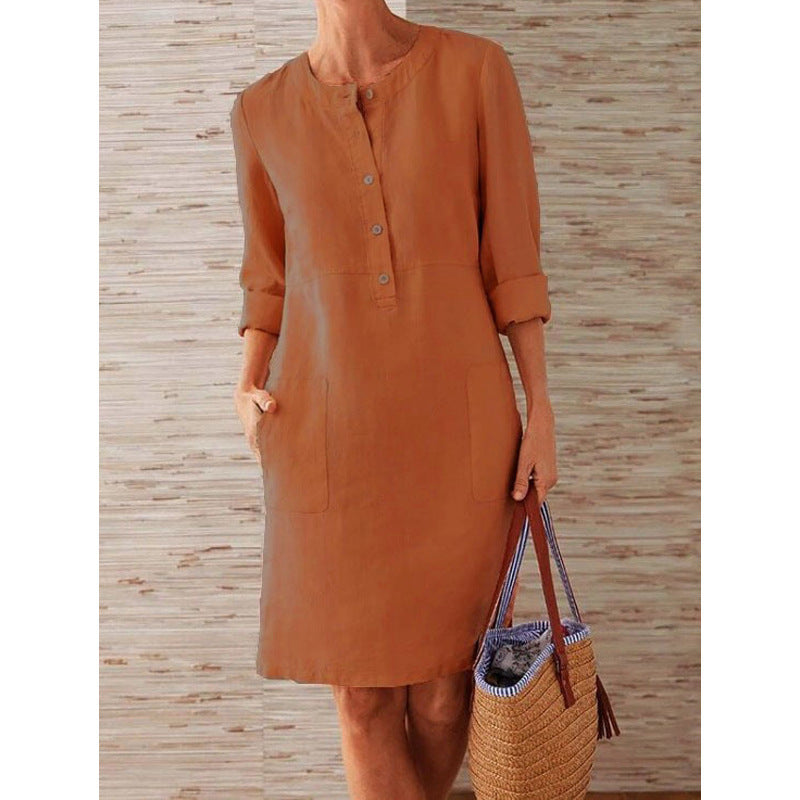 Spring NEW round Neck Solid Color Long Sleeve Dress
