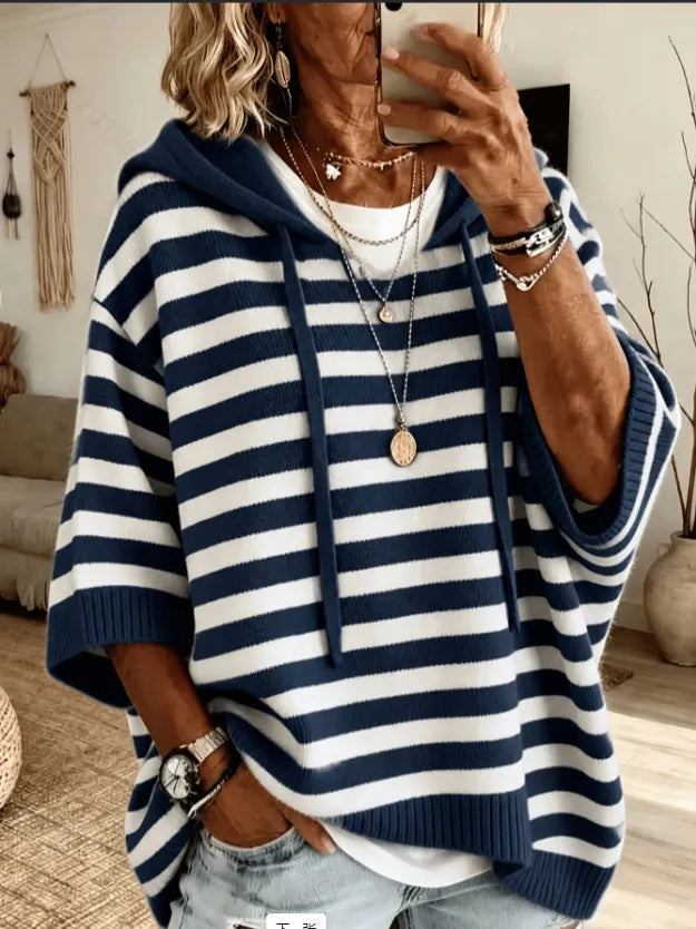 Women's Loose-Fit Stripe Knitted Hoodie With Drawstring
