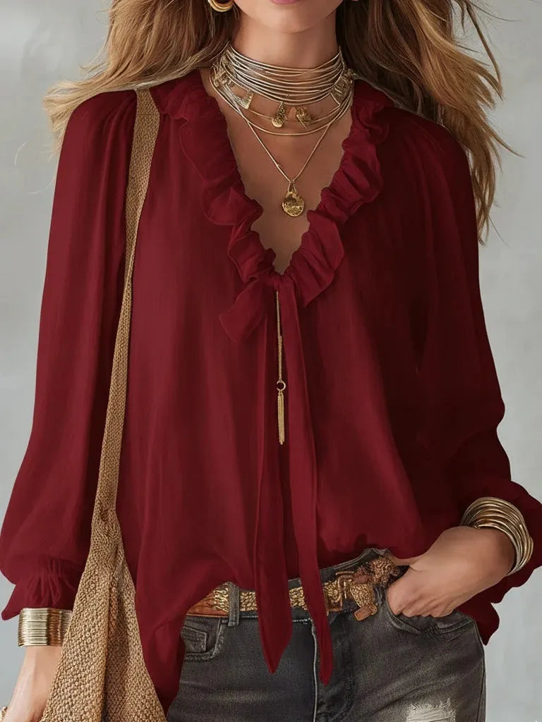 Women'S White Shirt With A Tie-Neck And Ruffle Details