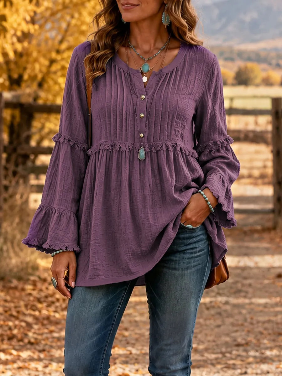 Women'S Casual Solid-Color Long-Sleeve Top, V-Neck, Pleated Design, Cotton-Linen Blend