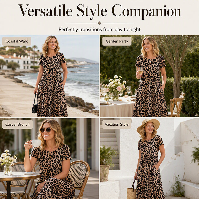 Women’s Leopard Print Maxi Dress with Pockets - Casual Short Sleeve Long Dress