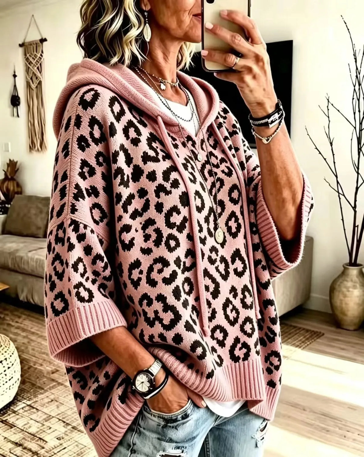 Women's Loose-Fit Leopard Print Knitted Hoodie With Drawstring