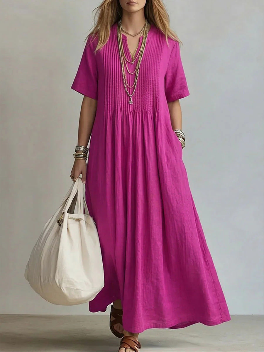 🔥 Women'S V-Neck Short-Sleeved Pleated Cotton-Linen Dress
