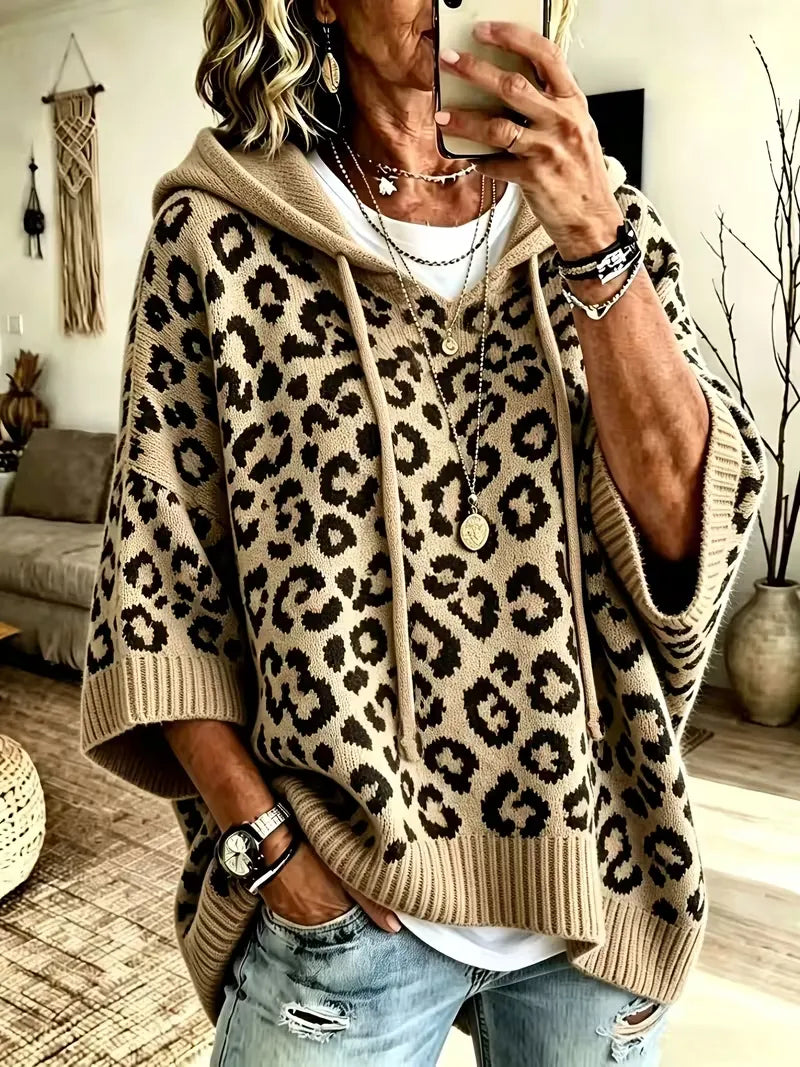 Women's Loose-Fit Leopard Print Knitted Hoodie With Drawstring
