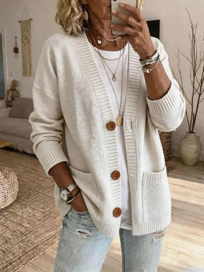 Women'S V-Neck Long-Sleeve Cardigan Sweater With Pockets