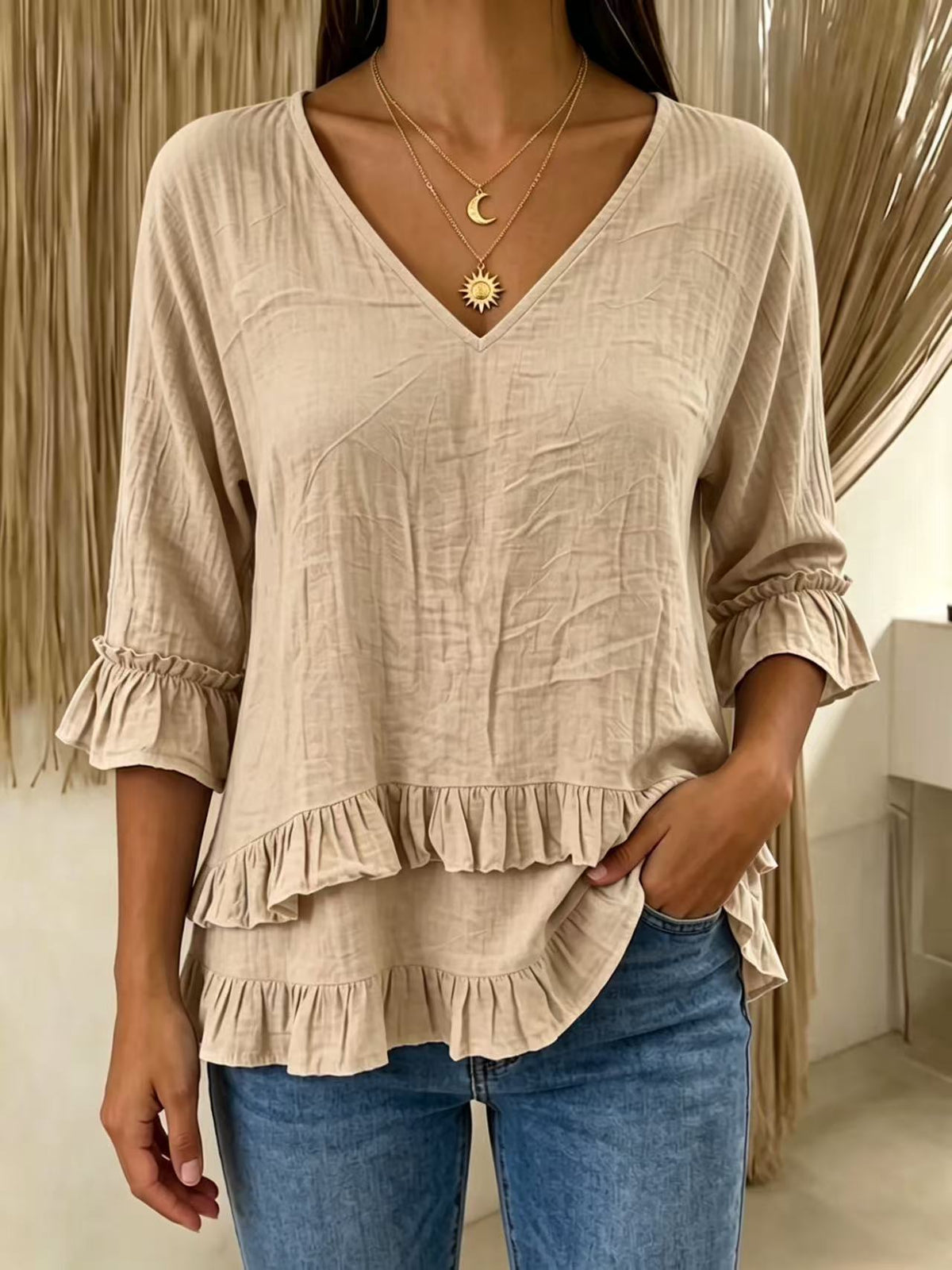 Women's V-Neck Cotton-Linen Top with Ruffled Hem