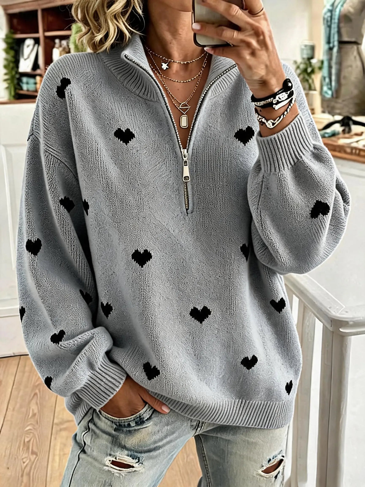 Women'S Cozy Half-zip Knit Pullover With Heart Pattern