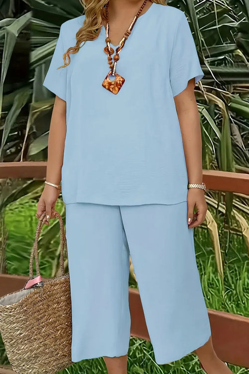 Elegant Plus Size Women's Solid Color Short Sleeve Fashion Top & Casual Wide Leg Pants Set