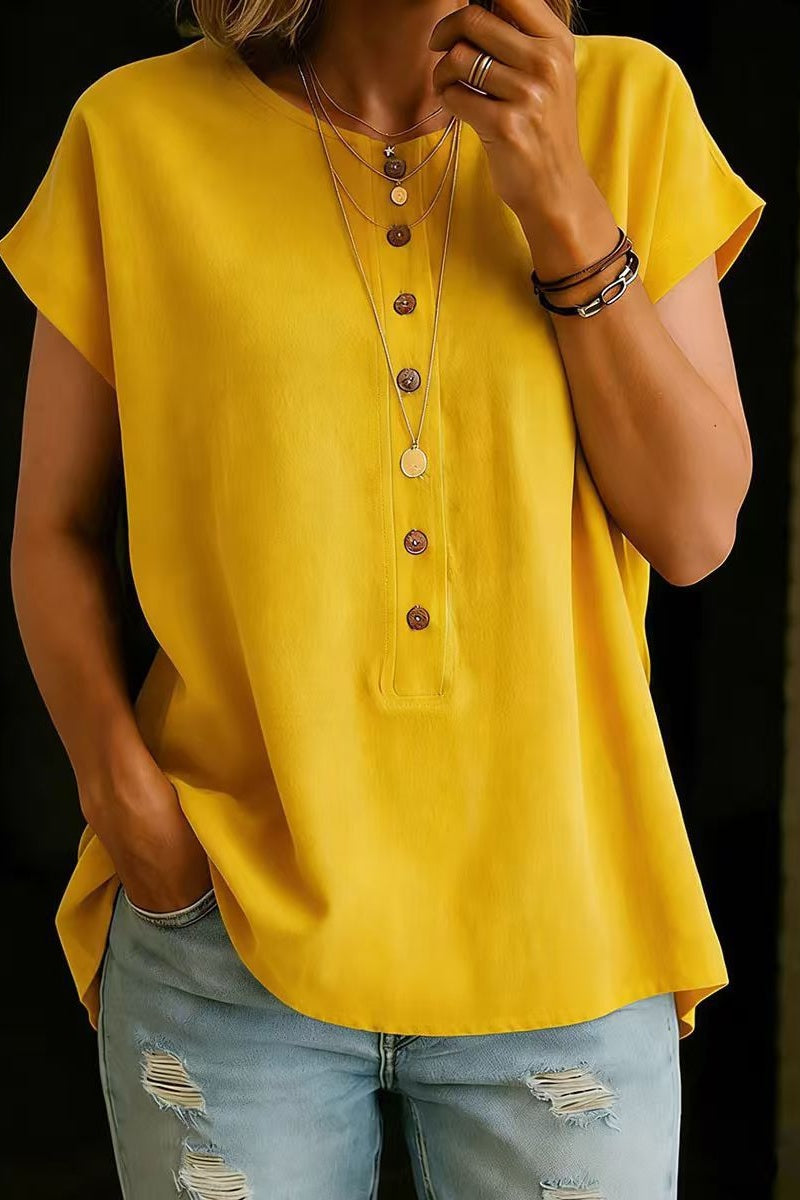 Button-Down Solid Color Elegant Retro Fashion Round Neck Short Sleeve
