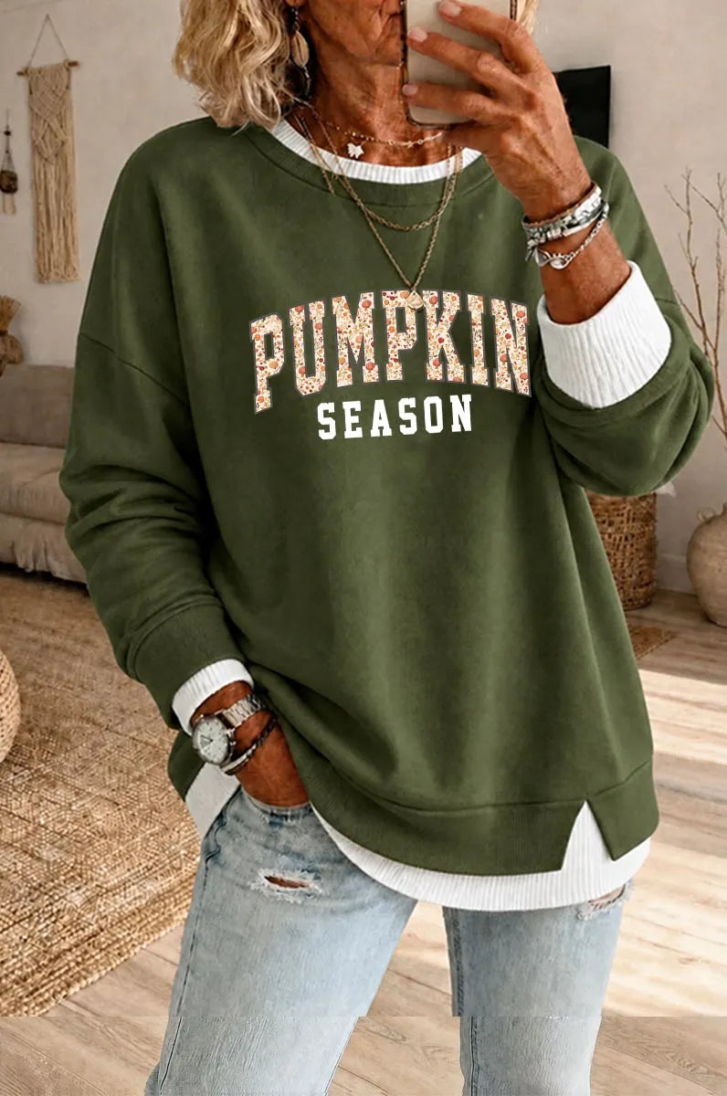 Women's Pumpkin Season Pattern  Fake Two Piece Layered Sweatshirt