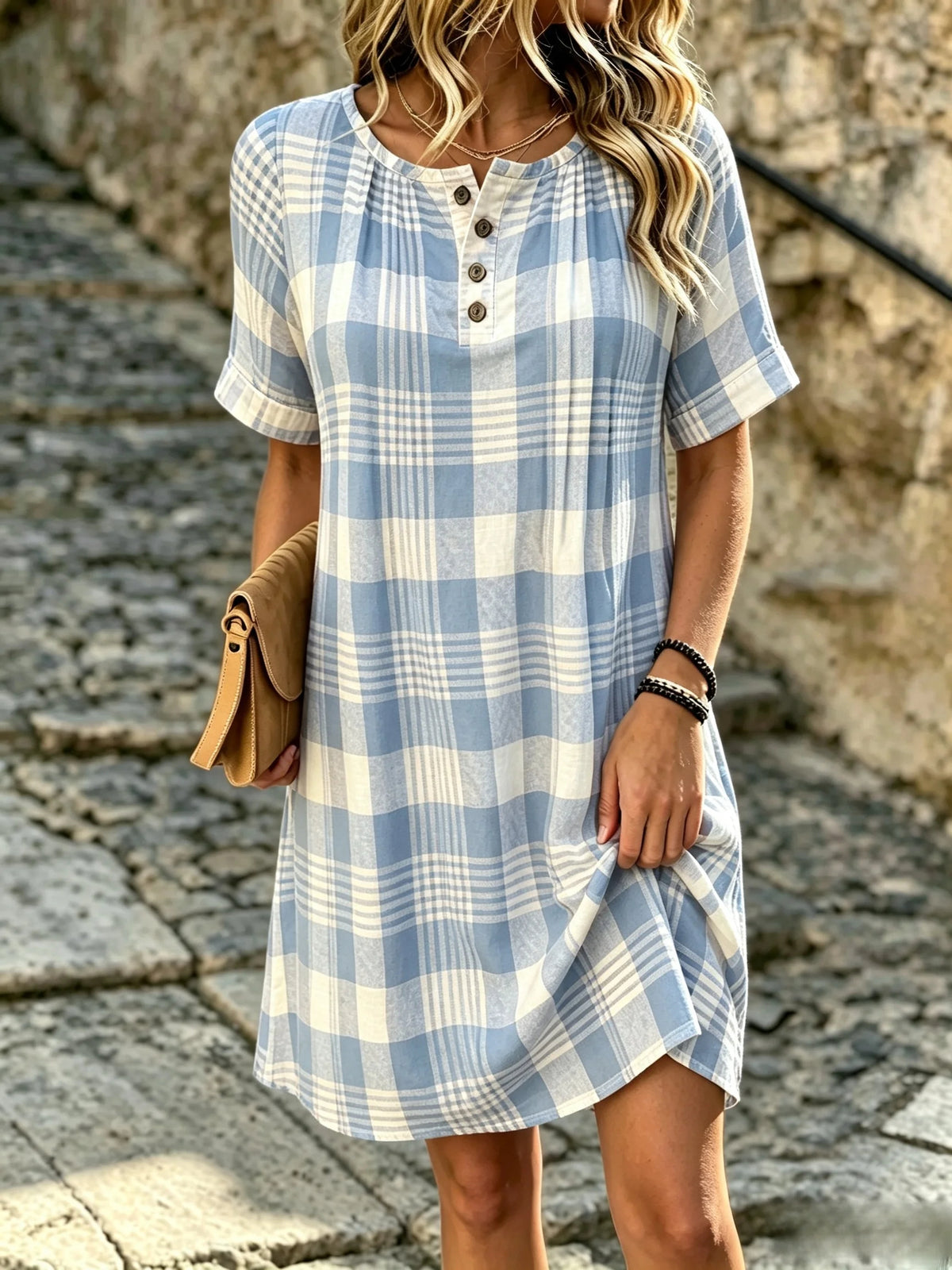 Women Plaid Short Sleeve Henley Collar Pocket Stitching Dress Daily Vintage Midi Shift Dress H-Line Summer Dress