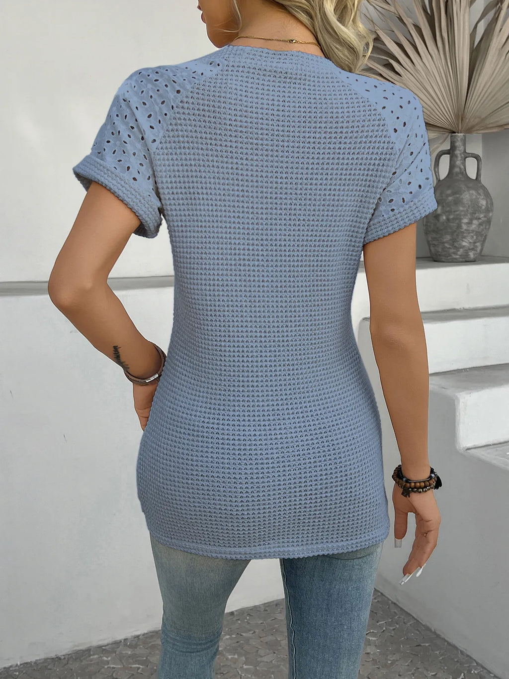 Hollow Out Waffle Knit Short Sleeve T- Shirt