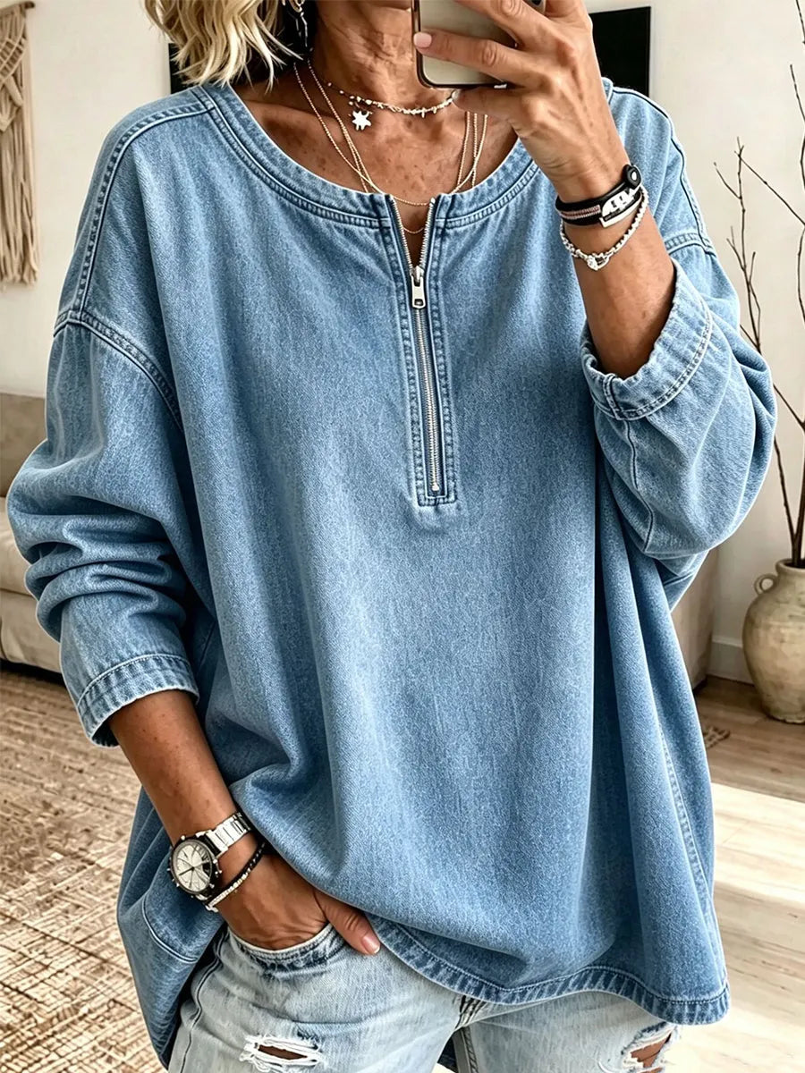 Women'S Effortless Oversize Denim Half-Zip Hoodie