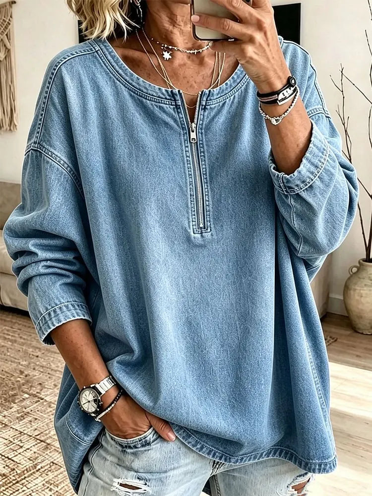 Women'S Effortless Oversize Denim Half-Zip Hoodie