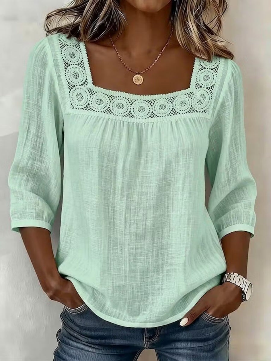 Lace Patchwork Blouse With A Square Neckline