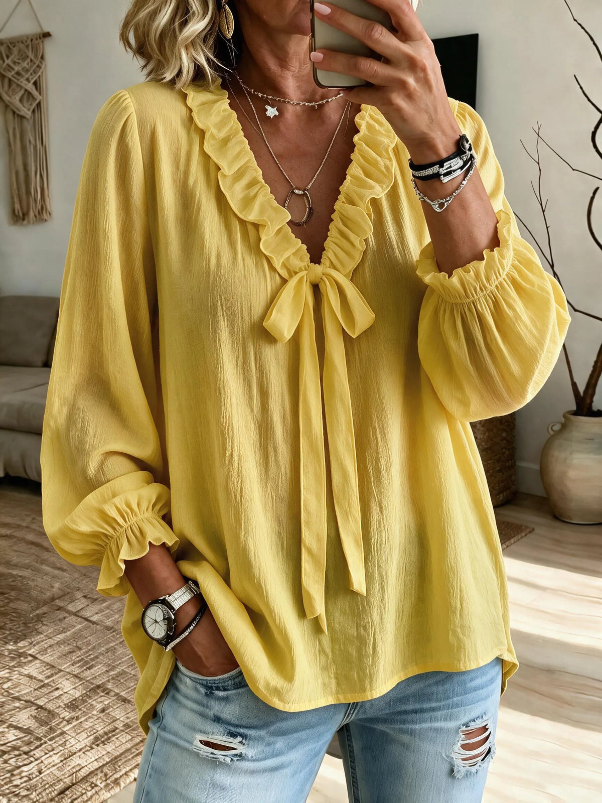 Women'S White Shirt With A Tie-Neck And Ruffle Details