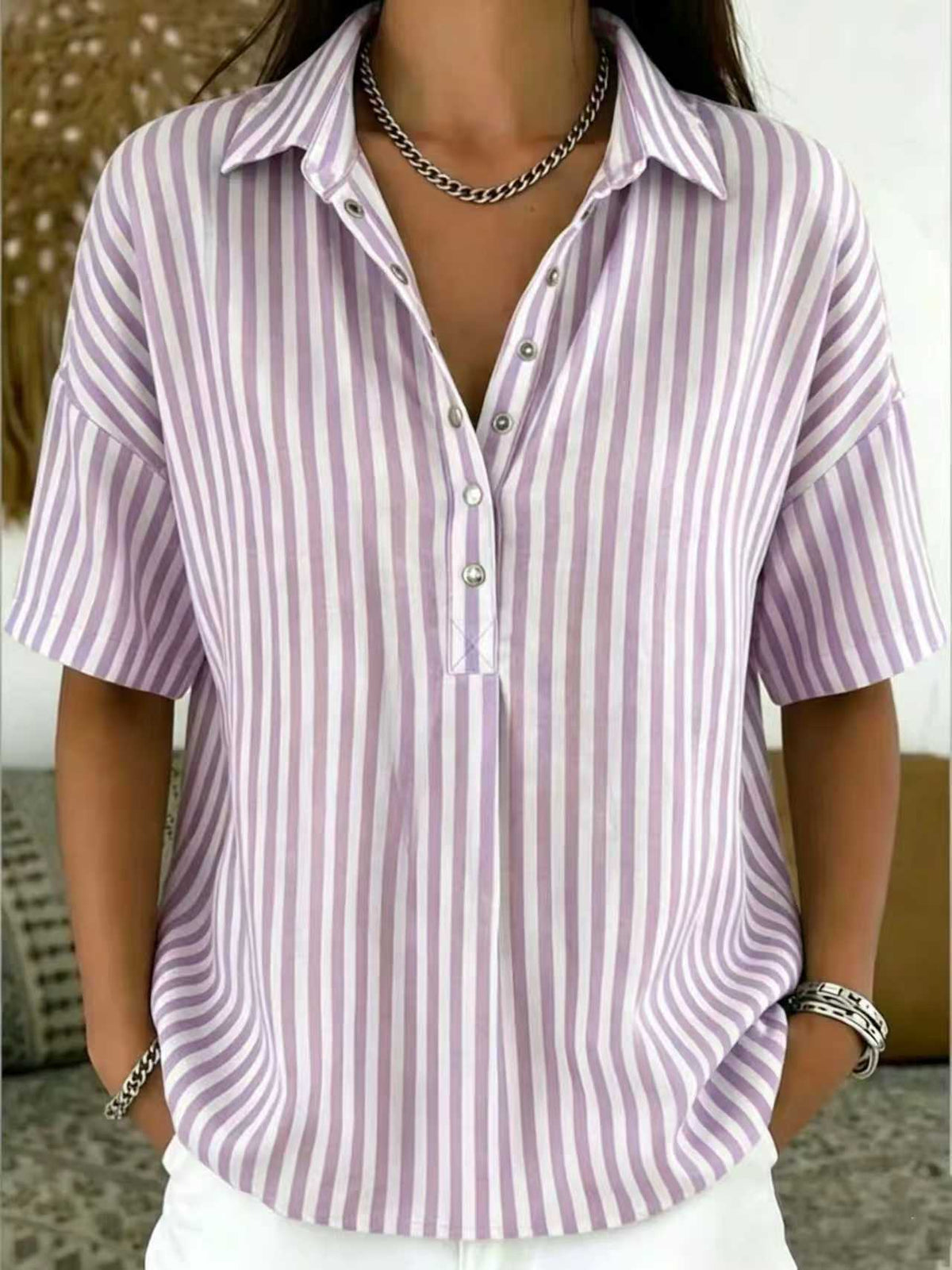Women‘s Casual Striped Polo Collar Snap Buttons Cotton-linen Shirt