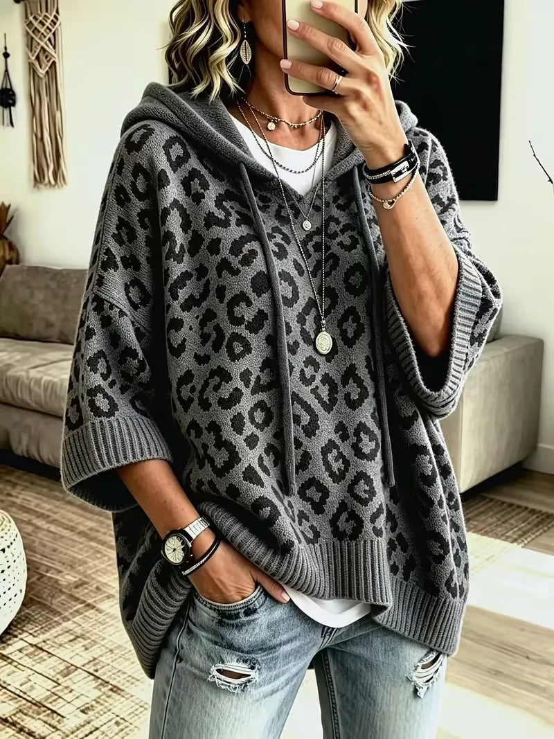Women's Loose-Fit Leopard Print Knitted Hoodie With Drawstring