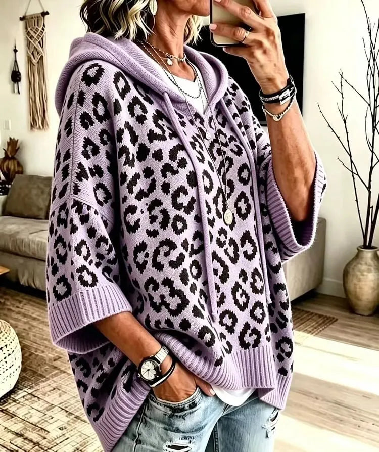 Women's Loose-Fit Leopard Print Knitted Hoodie With Drawstring
