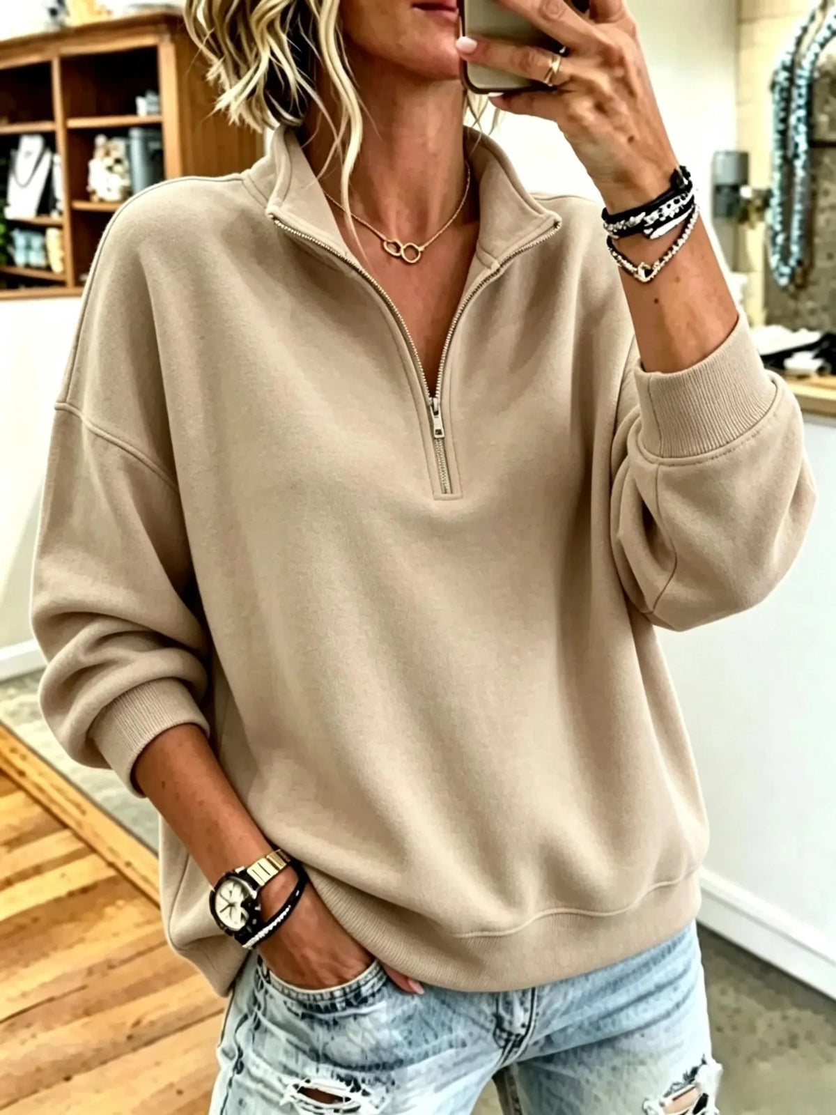 Women Plain Stand Collar Casual Spring/Fall Long Sleeve Sweatshirt