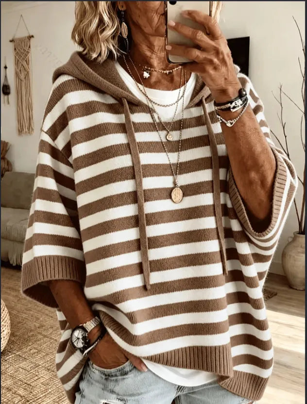 Women's Loose-Fit Stripe Knitted Hoodie With Drawstring