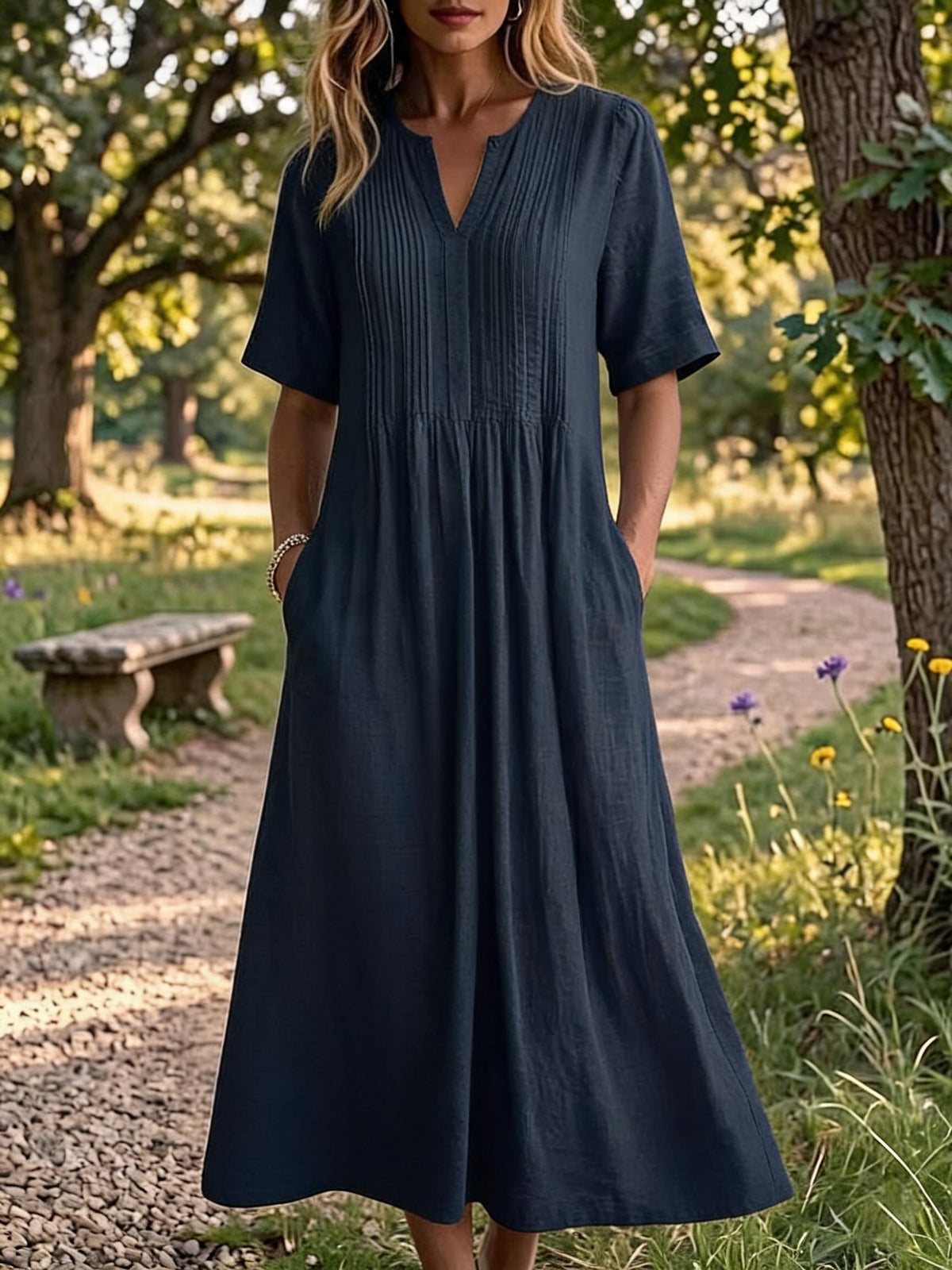 🔥 Women'S V-Neck Short-Sleeved Pleated Cotton-Linen Dress