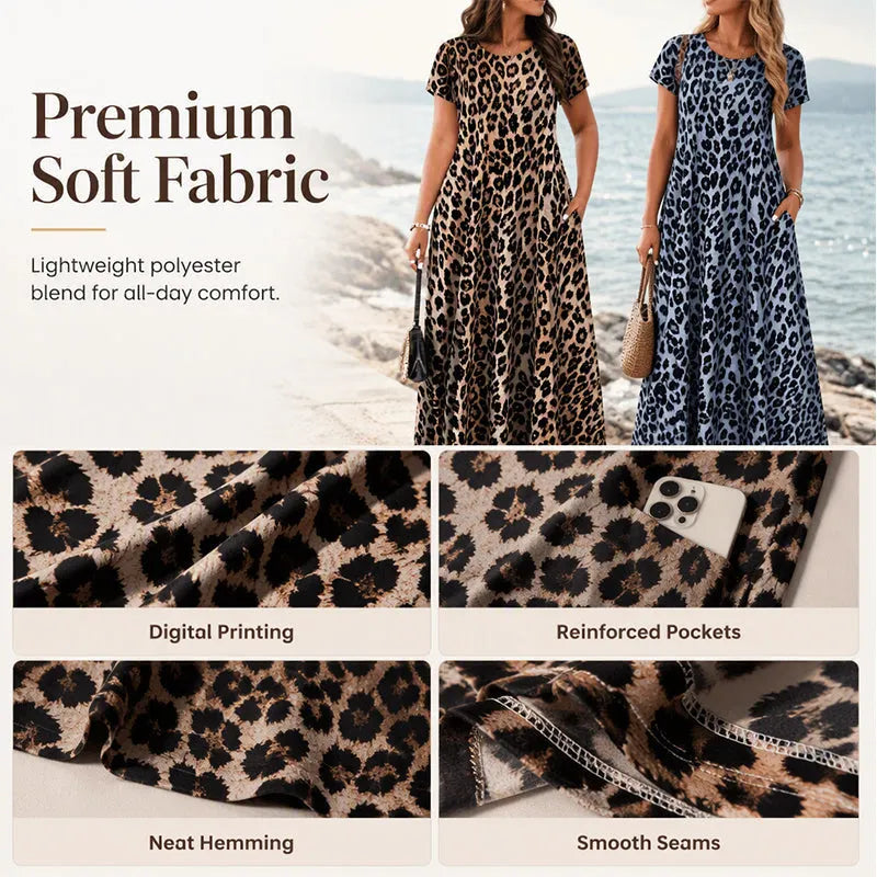 Women’s Leopard Print Maxi Dress with Pockets - Casual Short Sleeve Long Dress
