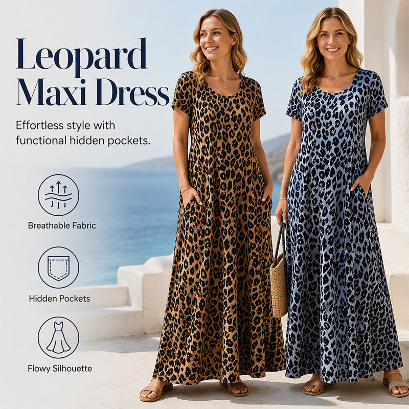 Women’s Leopard Print Maxi Dress with Pockets - Casual Short Sleeve Long Dress