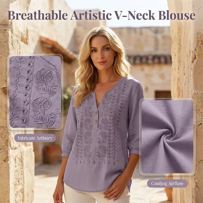Women's Artistic Print Short Sleeve V-Neck Tee, Breathable Relaxed Fit